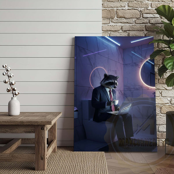 Maxcorners Raccoon Working on Laptop in Bathroom Wrapped Canvas