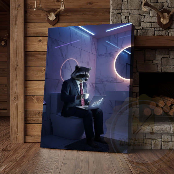 Maxcorners Raccoon Working on Laptop in Bathroom Wrapped Canvas