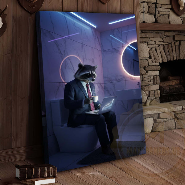 Maxcorners Raccoon Working on Laptop in Bathroom Wrapped Canvas