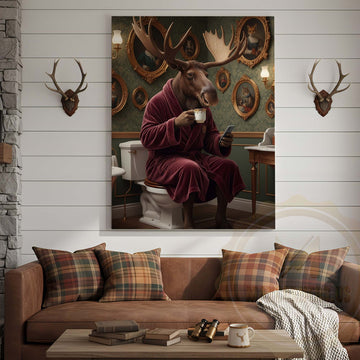 Maxcorners Moose Drinking Coffee on Toilet Wrapped Canvas