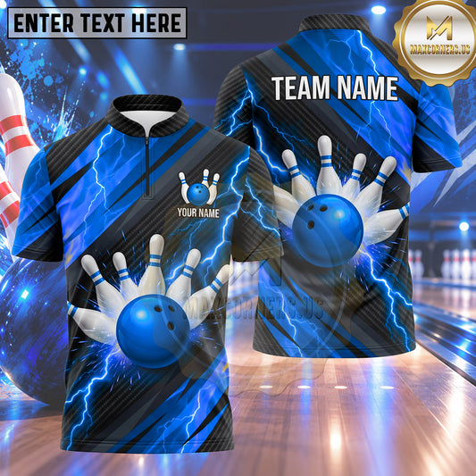 Maxcorners Bowling Electric Lightning Bolt Impact Bowling Ball Strike Crashing Pins Carbon Fiber Texture Multi Options Personalized Name, Team Name Unisex 3D Shirt (4 Colors)
