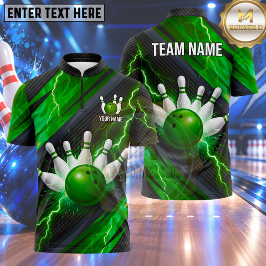 Maxcorners Bowling Electric Lightning Bolt Impact Bowling Ball Strike Crashing Pins Carbon Fiber Texture Multi Options Personalized Name, Team Name Unisex 3D Shirt (4 Colors)