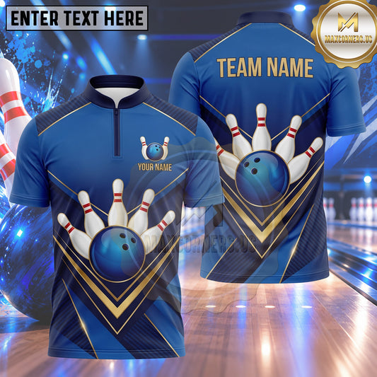 Maxcorners Bowling Bowling Ball Strike Crashing Pins Elegant Golden Chevron Stripes Carbon Fiber Texture Multi Options Personalized Name, Team Name Unisex 3D Shirt (4 Colors)
