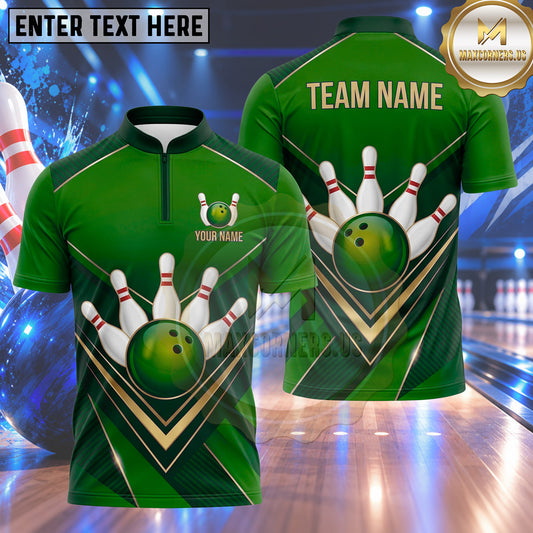 Maxcorners Bowling Bowling Ball Strike Crashing Pins Elegant Golden Chevron Stripes Carbon Fiber Texture Multi Options Personalized Name, Team Name Unisex 3D Shirt (4 Colors)