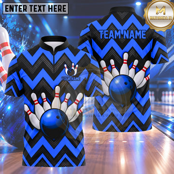 Maxcorners Bowling Chevron Zigzag Pattern Bowling Ball Crashing Pins Carbon Fiber Texture Multi Options Personalized Name, Team Name Unisex 3D Shirt (4 Colors)