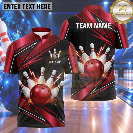 Maxcorners Bowling Electric Lightning Impact Bowling Ball Strike Crashing Pins Geometric Armor Texture Multi Options Personalized Name, Team Name Unisex 3D Shirt (4 Colors)