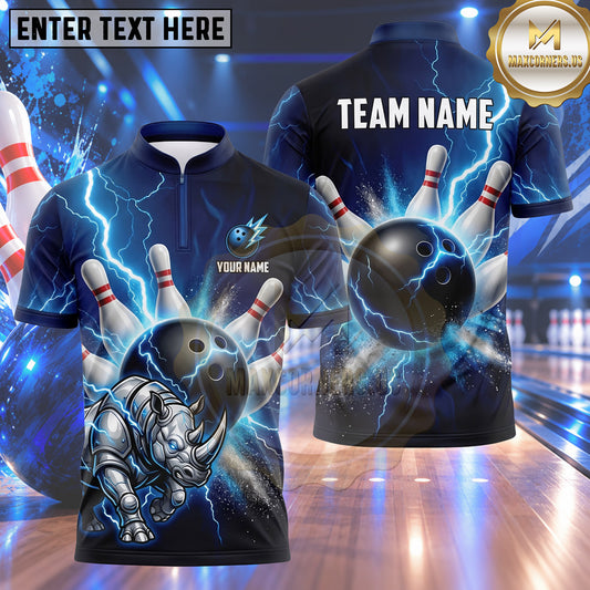 Maxcorners Bowling Mecha Armored Rhino Mechanical Lightning Energy Blast Bowling Ball Strike Crashing Pins Multi Options Personalized Name, Team Name Unisex 3D Shirt (4 Colors)