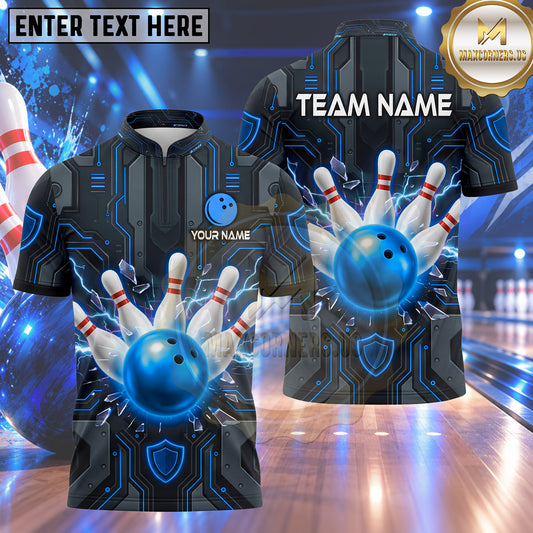 Maxcorners Bowling Cyberpunk High Tech Circuit Board Electric Lightning Shattered Glass Bowling Ball Strike Crashing Pins Multi Options Personalized Name, Team Name Unisex 3D Shirt (4 Colors)