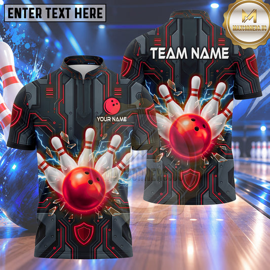 Maxcorners Bowling Cyberpunk High Tech Circuit Board Electric Lightning Shattered Glass Bowling Ball Strike Crashing Pins Multi Options Personalized Name, Team Name Unisex 3D Shirt (4 Colors)