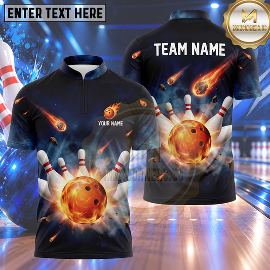 Maxcorners Bowling Meteor Shower Asteroids Flame Galaxy Cosmic Bowling Ball Strike Crashing Pins Multi Options Personalized Name, Team Name Unisex 3D Shirt (4 Colors)