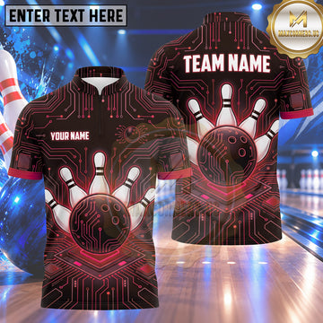 Maxcorners Bowling High Tech Microchip Circuit Board Glow Bowling Ball Strike Crashing Pins Multi Options Personalized Name, Team Name Unisex 3D Shirt (4 Colors)
