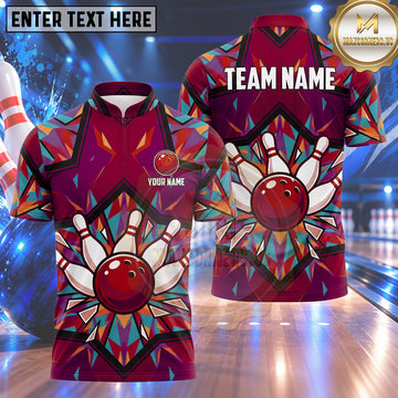 Maxcorners Bowling Polygon Stained Glass Mosaic Geometric Pattern Bowling Ball Strike Crashing Pins Multi Options Personalized Name, Team Name Unisex 3D Shirt (4 Colors)
