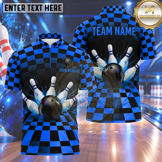 Maxcorners Bowling Racing Checkerboard Grid Pattern Bowling Ball Strike Crashing Pins Multi Options Personalized Name, Team Name Unisex 3D Shirt (4 Colors)