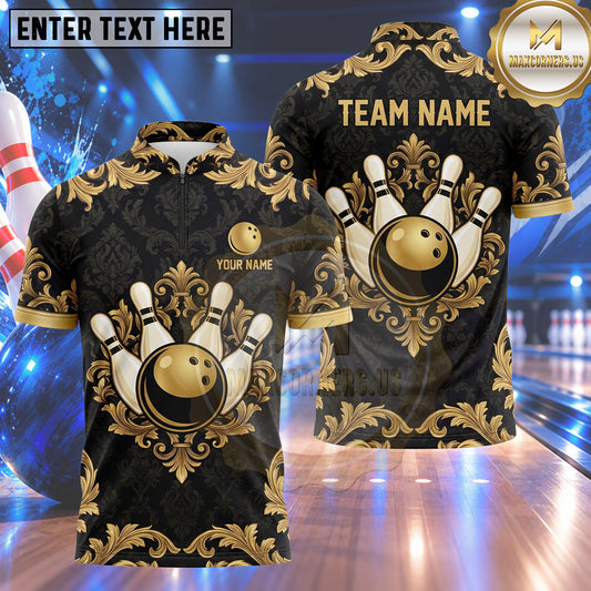 Maxcorners Bowling Vintage Baroque Damask Fleur De Lis Pattern Bowling Ball Strike Crashing Pins Multi Options Personalized Name, Team Name Unisex 3D Shirt (4 Colors)
