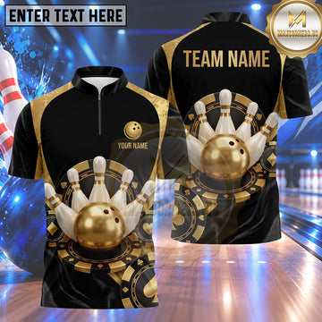 Maxcorners Bowling Casino Poker Chips Suits Playing Cards Symbol Bowling Ball Crashing Pins Multi Options Personalized Name, Team Name Unisex 3D Shirt (4 Colors)