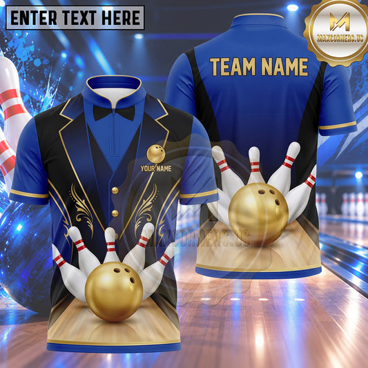 Maxcorners Bowling Elegant Tuxedo Bowtie Suit Filigree Gold Ornament Bowling Lane Ball Strike Pins Multi Options Personalized Name, Team Name Unisex 3D Shirt (4 Colors)