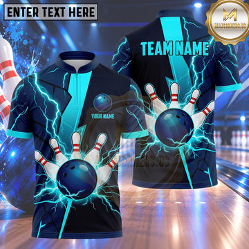 Maxcorners Bowling Electric Lightning Strike Power Bowling Ball Crashing Pins Dynamic Energy Lines Multi Options Personalized Name, Team Name Unisex 3D Shirt (4 Colors)