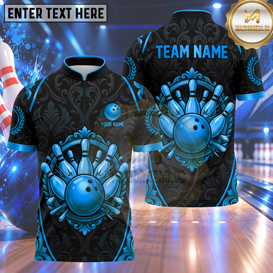 Maxcorners Bowling Vintage Ornament Shield Frame Damask Pattern Bowling Ball Strike Crashing Pins Multi Options Personalized Name, Team Name Unisex 3D Shirt (5 Colors)