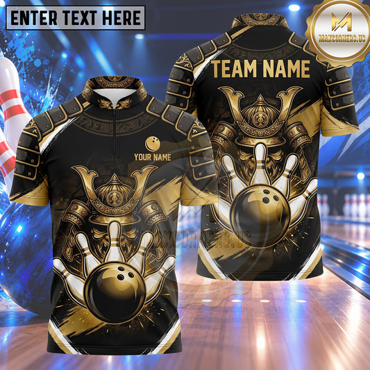 Maxcorners Bowling Japanese Samurai Warrior Armor Helmet Crest Bowling Ball Strike Crashing Pins Multi Options Personalized Name, Team Name Unisex 3D Shirt (5 Colors)