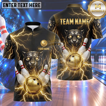Maxcorners Bowling Roaring Panther Head Electric Lightning Strike Bowling Ball Crashing Pins Multi Options Personalized Name, Team Name Unisex 3D Shirt (5 Colors)