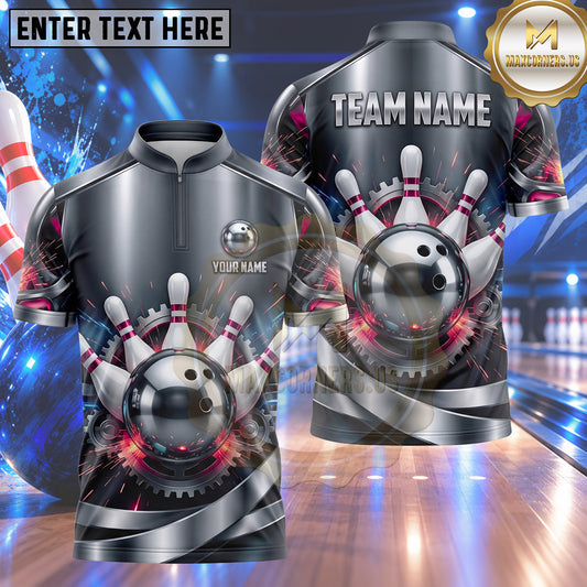 Maxcorners Bowling Metallic Gears Engine Wheel Mechanical Armor Panel Bowling Ball Strike Crashing Pins Multi Options Personalized Name, Team Name Unisex 3D Shirt (5 Colors)