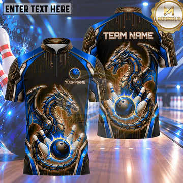 Maxcorners Bowling Cyberpunk Robotic Mech Dragon Circuit Board Glow Bowling Ball Strike Crashing Pins Multi Options Personalized Name, Team Name Unisex 3D Shirt (3 Colors)