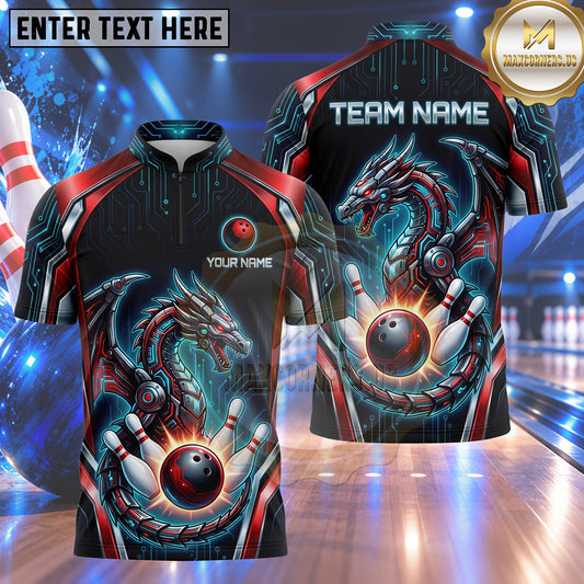 Maxcorners Bowling Cyberpunk Robotic Mech Dragon Circuit Board Glow Bowling Ball Strike Crashing Pins Multi Options Personalized Name, Team Name Unisex 3D Shirt (3 Colors)