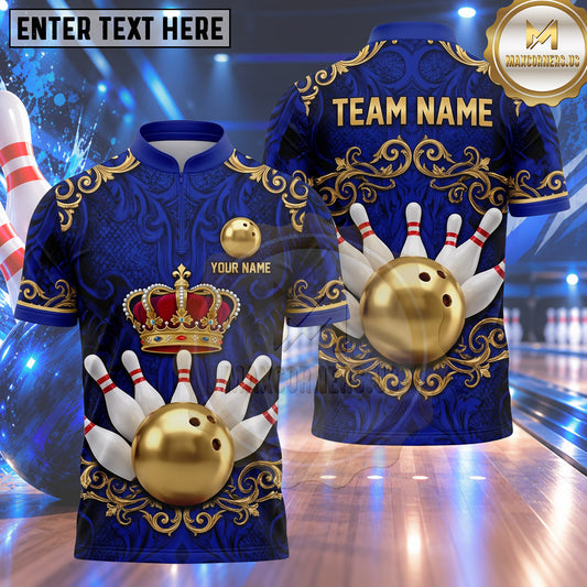 Maxcorners Bowling Royal Crown Vintage Filigree Scroll Pattern Frame Bowling Ball Strike Crashing Pins Multi Options Personalized Name, Team Name Unisex 3D Shirt (4 Colors)