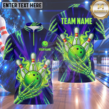 Maxcorners Bowling Skeleton Bone Hand Claw Flame Aura Bowling Ball Strike Crashing Pins Multi Options Personalized Name, Team Name Unisex 3D Shirt (4 Colors)