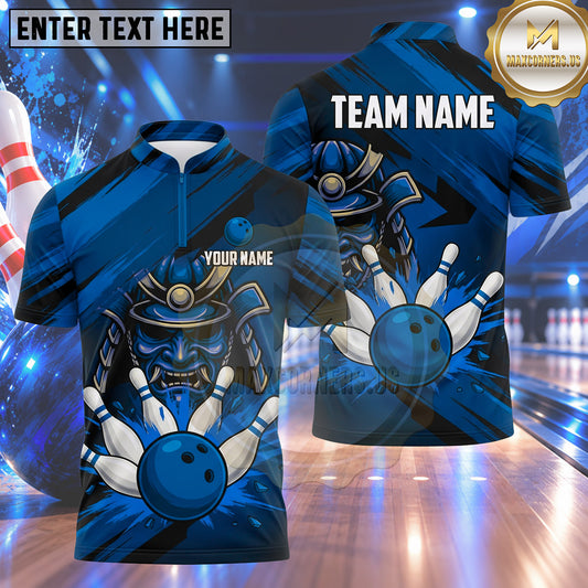 Maxcorners Bowling Japanese Samurai Warrior Mask Helmet Splash Motion Bowling Ball Strike Crashing Pins Multi Options Personalized Name, Team Name Unisex 3D Shirt (4 Colors)