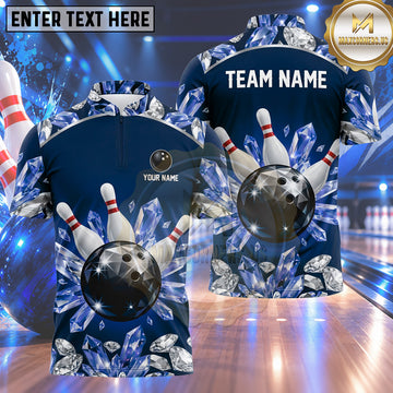 Maxcorners Bowling Diamond Crystal Gems Sparkle Pattern Frame Bowling Ball Strike Crashing Pins Multi Options Personalized Name, Team Name Unisex 3D Shirt (4 Colors)
