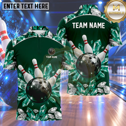Maxcorners Bowling Diamond Crystal Gems Sparkle Pattern Frame Bowling Ball Strike Crashing Pins Multi Options Personalized Name, Team Name Unisex 3D Shirt (4 Colors)