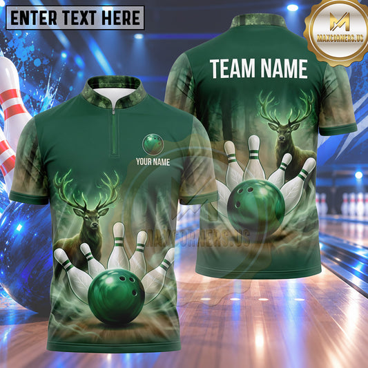 Maxcorners Bowling Majestic Stag Deer Antlers Fog Forest Mist Bowling Ball Strike Crashing Pins Multi Options Personalized Name, Team Name Unisex 3D Shirt (4 Colors)