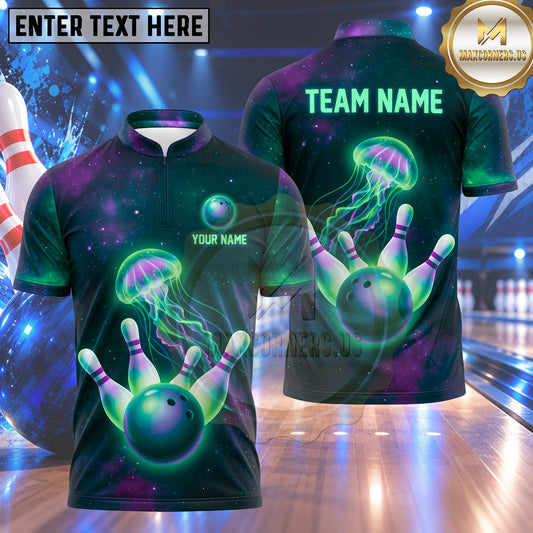 Maxcorners Bowling Glowing Jellyfish Galaxy Cosmic Space Floating Bowling Ball Strike Crashing Pins Multi Options Personalized Name, Team Name Unisex 3D Shirt (4 Colors)