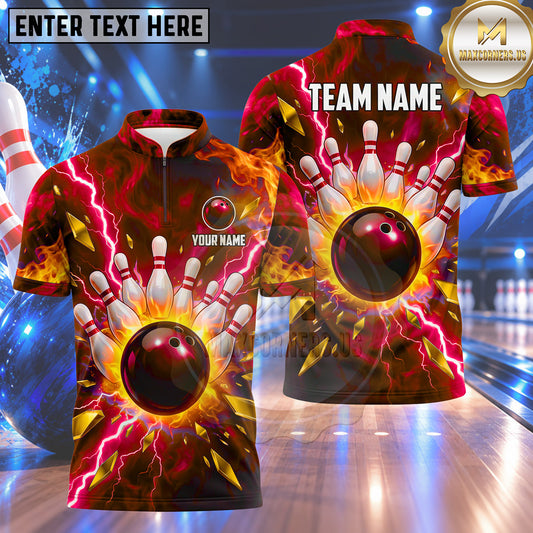 Maxcorners Bowling Inferno Flames Electric Lightning Shattered Crystal Rocks Bowling Ball Strike Crashing Pins Multi Options Personalized Name, Team Name Unisex 3D Shirt (4 Colors)