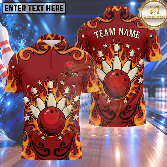 Maxcorners Bowling Tribal Swirl Flames Stars Pattern Frame Bowling Ball Strike Crashing Pins Multi Options Personalized Name, Team Name Unisex 3D Shirt (4 Colors)