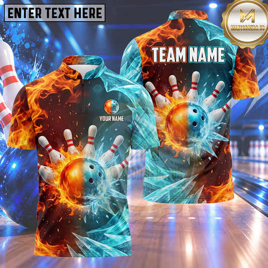 Maxcorners Bowling Fire and Ice Elements Inferno Flame Frozen Glacier Burst Bowling Ball Strike Crashing Pins Multi Options Personalized Name, Team Name Unisex 3D Shirt