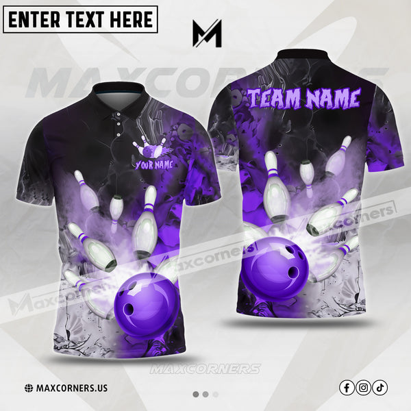 Maxcorners Bowling&Pins Fire Lava Smoke Pattern Multicolor Option Customized Name, Team Name 3D Polo Shirt (4 Colors)