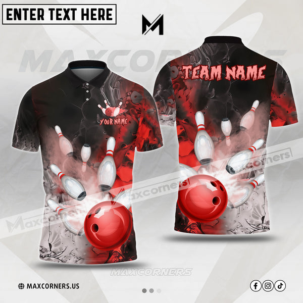 Maxcorners Bowling&Pins Fire Lava Smoke Pattern Multicolor Option Customized Name, Team Name 3D Polo Shirt (4 Colors)