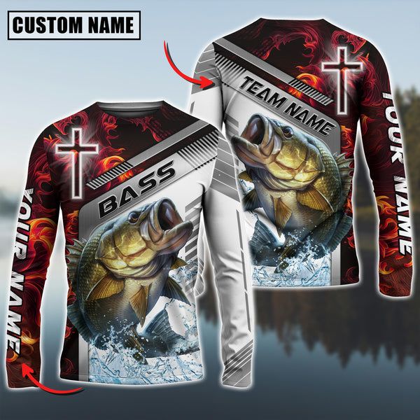 Maxcorner Bass Fishing Red Flame With Cross Pattern Sun Protection Personalized Name And Team Name Long Sweat Shirt