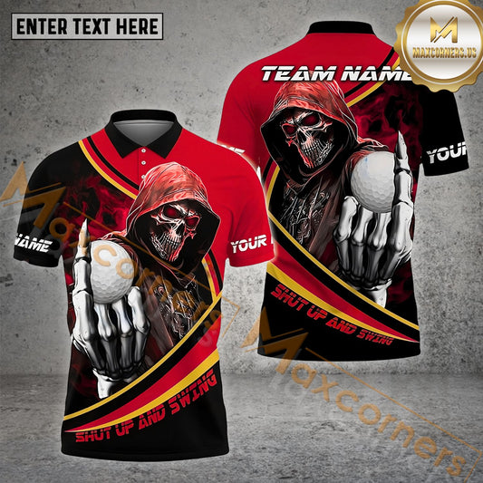 Maxcorners Golf Customized Name Skull Gang Shut Up And Swing Pattern Multicolor Sport Jersey Pattern Custom 3D Polo Shirt (4 Colors)