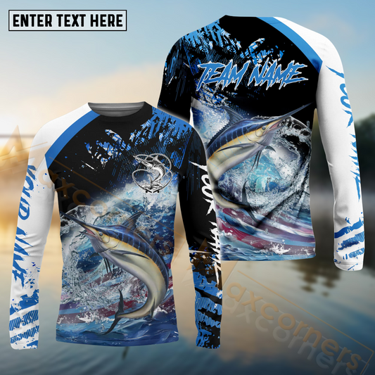 Maxcorners Marlin Fishing American Flag Blue Seawave Pattern Sport Custom Name & Team Name 3D Shirts