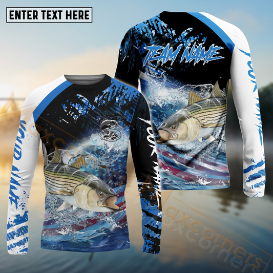 Maxcorners Striped Bass Fishing American Flag Blue Seawave Pattern Sport Custom Name & Team Name 3D Shirts