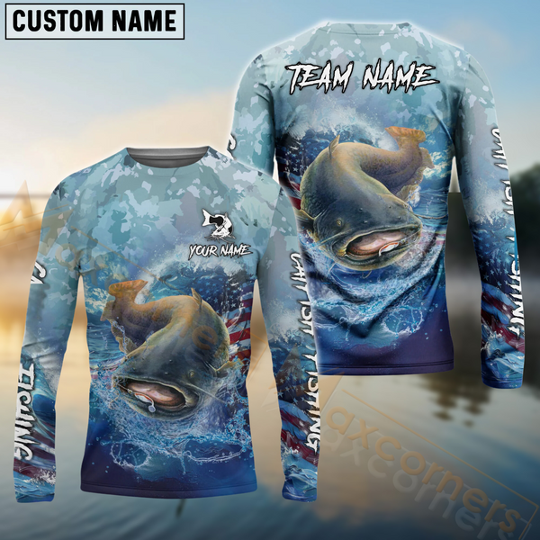 Maxcorners CatfishFishing USA Flag Blue Seawave Pattern Sport Custom Name & Team Name 3D Shirts