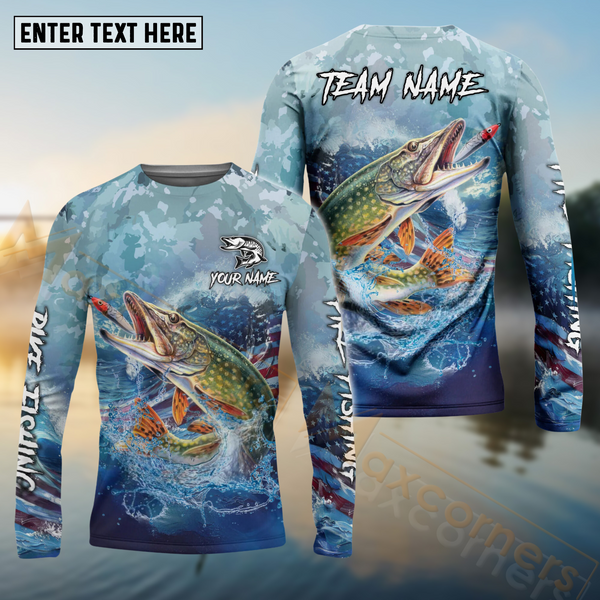 Maxcorners Pike Fishing USA Flag Blue Seawave Pattern Sport Custom Name & Team Name 3D Shirts