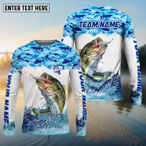 Maxcorners Bass Fishing Blue Water School Of Fish Pattern Sport Custom Name & Team Name 3D Shirts