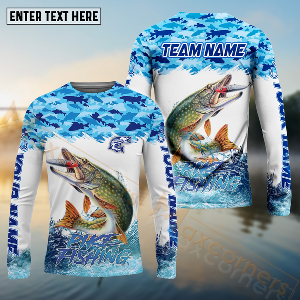 Maxcorners Pike Fishing Blue Water School Of Fish Pattern Sport Custom Name & Team Name 3D Shirts