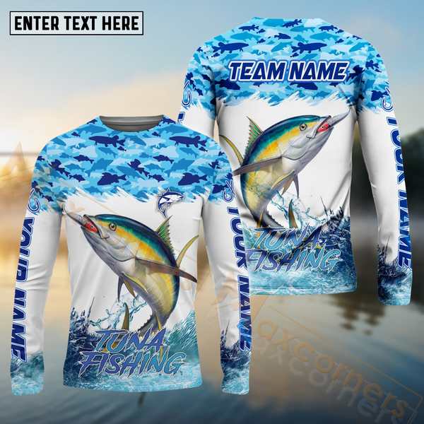 Maxcorners Tuna Fishing Blue Water School Of Fish Pattern Sport Custom Name & Team Name 3D Shirts