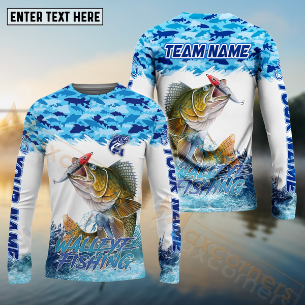 Maxcorners Walleye Fishing Blue Water School Of Fish Pattern Sport Custom Name & Team Name 3D Shirts