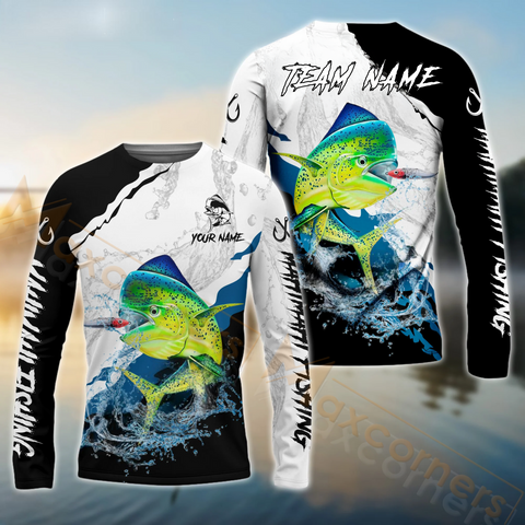 Maxcorners Mahi-Mahi Fishing Black White Water Pattern Sport Custom Name & Team Name 3D Shirts